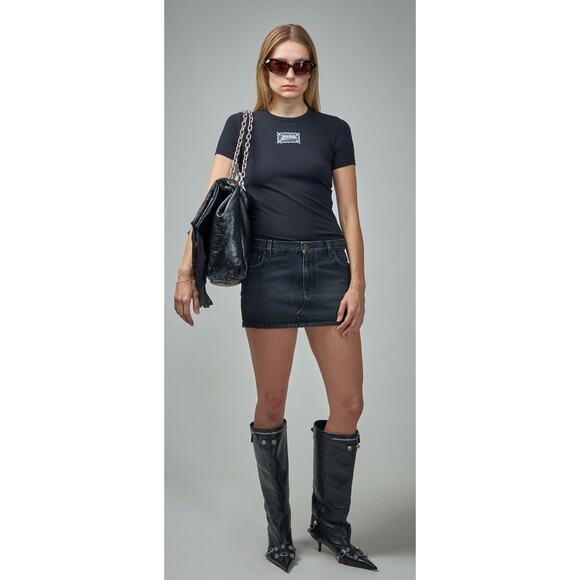 Jean Paul Gaultier Denim Mini Skirt With Leather Pocket in Vintage Black 34 XS - Picture 1 of 5